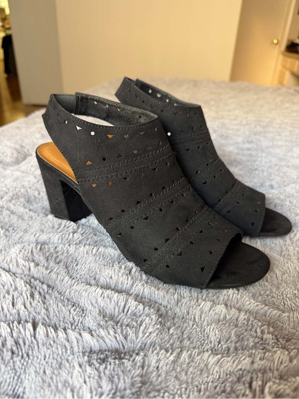 Style & Co. Black Suede Peep-Toe Block Heel Mules